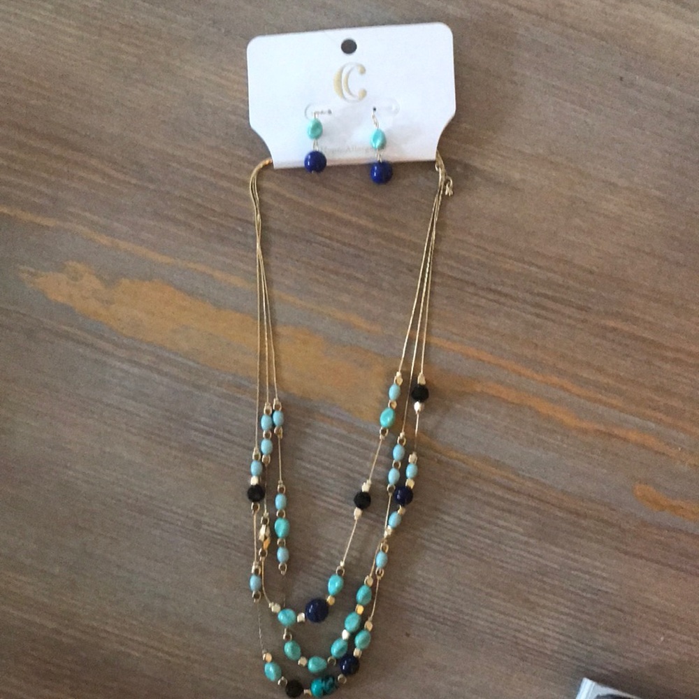 Teal and Navy Beaded Necklace and Earring Set
